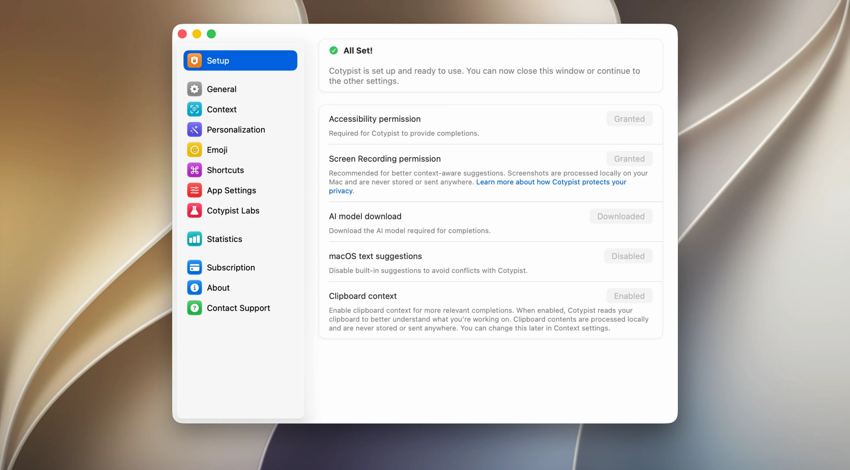 Screen 1 from Cotypist cotypist for mac free download interface